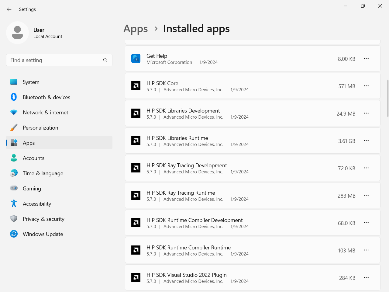 Installed apps section of the settings app showing installed HIP SDK components